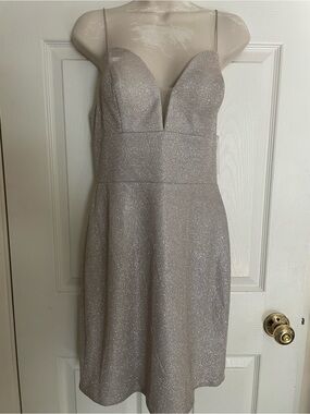 NWT GB Sparkle‎ Plunge-Neck A-Line Dress in Champagne